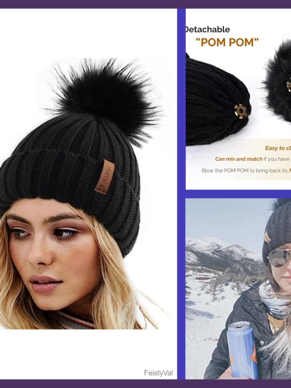Womens Winter Knitted Beanie Faux Fur Pom Warm Skull Cap